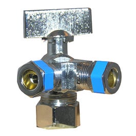 3 Way Valve, Quarter Turn, Chrome, 5/8-In. O.D. Compression Inlet x 3/8-In. Compression x 3/8-In. Compression Outlet